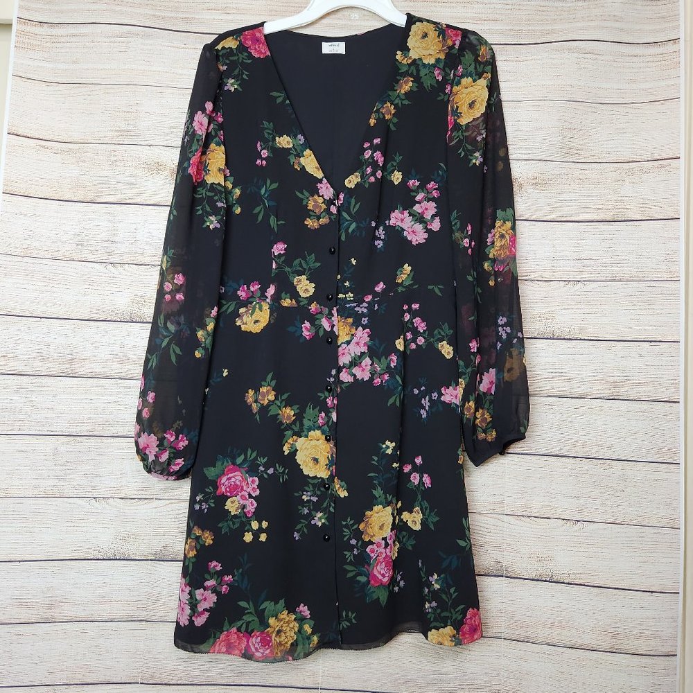Aritzia Wilfred Womens Button Long Sleeve Black Floral Dress Size 8